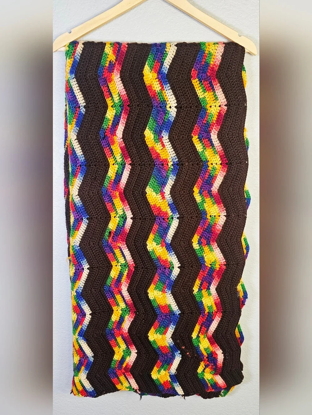 Handmade Crochet Rainbow Ripple Lap Blanket 32x66 Brown Afghan Throw